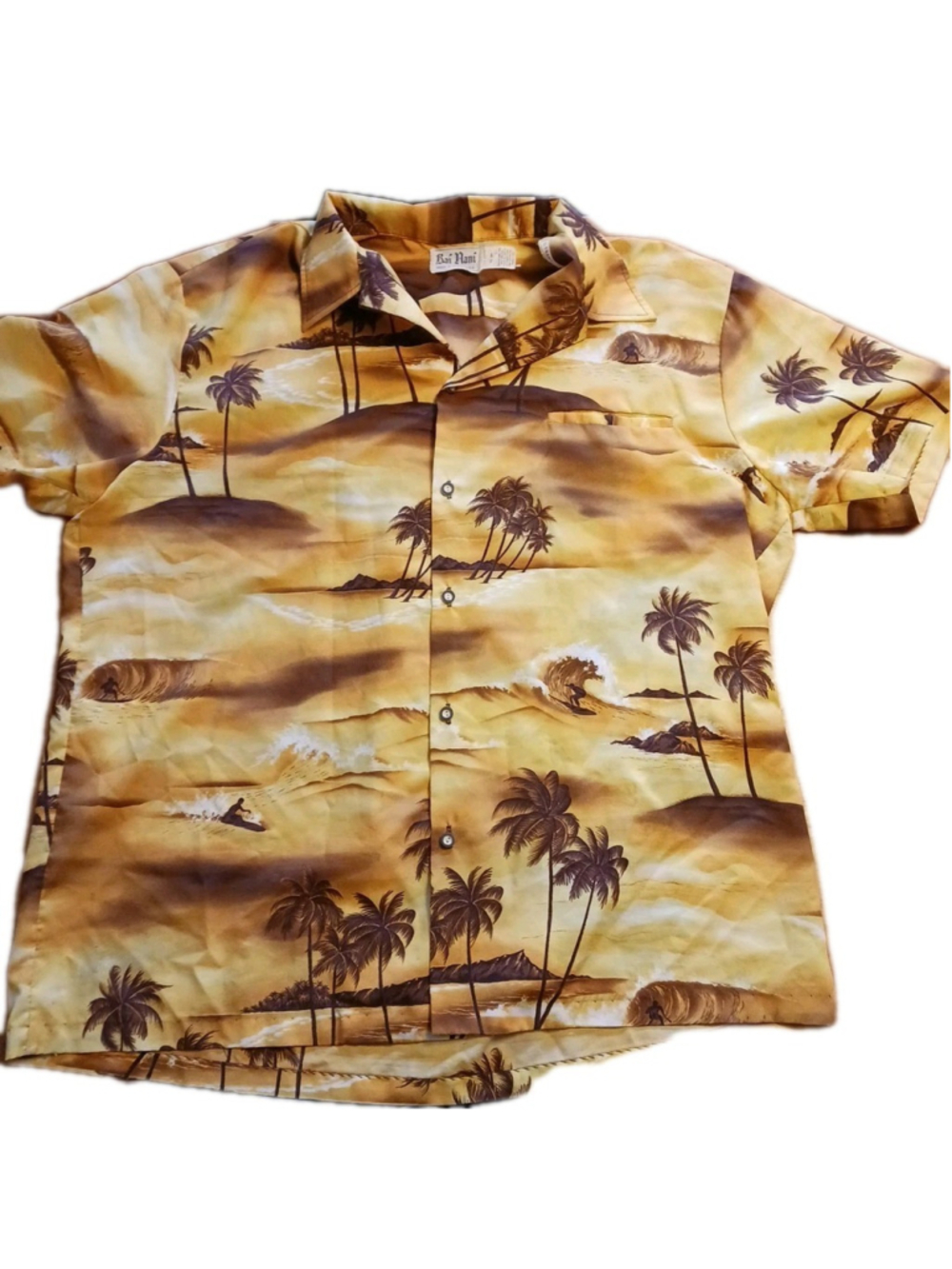 VTG Hawaiian Shirt Kai Nani USA 1970s Yellow Brown Beach Surfer pattern Mens 2XL